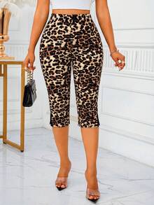 SHEIN Lady Women's High Waist Leopard Print Side Slit 7/8 Leggings - Multicolor - View 4