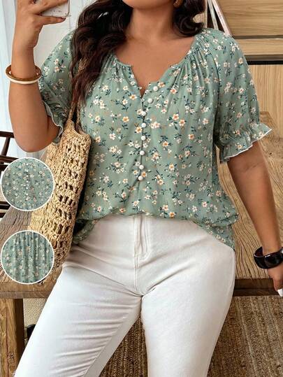 Ceyna Plus Size Women's French Minimalist Casual Ditsy Floral Short Sleeve Shirt, Summer Boho Blouse Summer Blouse Boho Shirt Spring Blouse Summer Casual Tops Women's Shirts For Summer Women's Tops And Blouses Beach Outfit For Women Conservative Top Spring Outfits For Women Summer Casual Outfits For Women Blouses For Women Summer