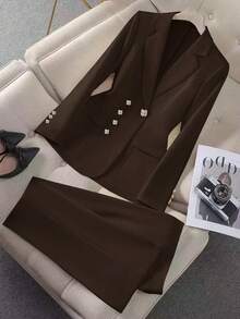 Rafferiza Bộ vest nữ công sở kiểu Pháp tối giản, màu trơn, khóa cài bất đối xứng, ôm sát người, phù hợp cho công việc hàng ngày và cuộc sống chuyên nghiệp. Bộ vest mới dành cho nữ. - màu nâu - Xem 4