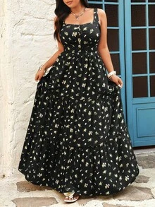 Sunnyshic Fashionable Spaghetti Strap Ditsy Floral Dress, Vacation Dress - Black - View 7