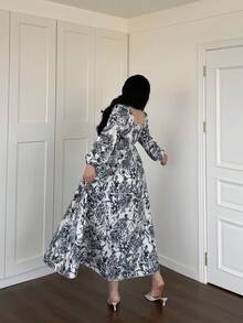 Vibekara Plus Size Blue And White Porcelain Print Long Dress, Casual For Spring And Summer Fall - Blue - View 2
