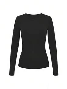 EMERY ROSE 3pcs Women Solid Color Crew Neck Ribbed Long Sleeve Casual T-Shirts Set - Multicolor - View 6