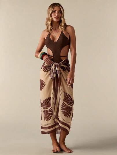 SHEIN BAE Women's Vacation Plant Print Fashionable Cover-Up & Mini Skirt Set,Floral Print Midi Skirt-Style Cover-Up, Perfect For Beach Vacations, Women's Getaways, Holidays, And Music Festivals. Bohemian Style, Cute, Sexy, Simple And Elegant Beachwear.