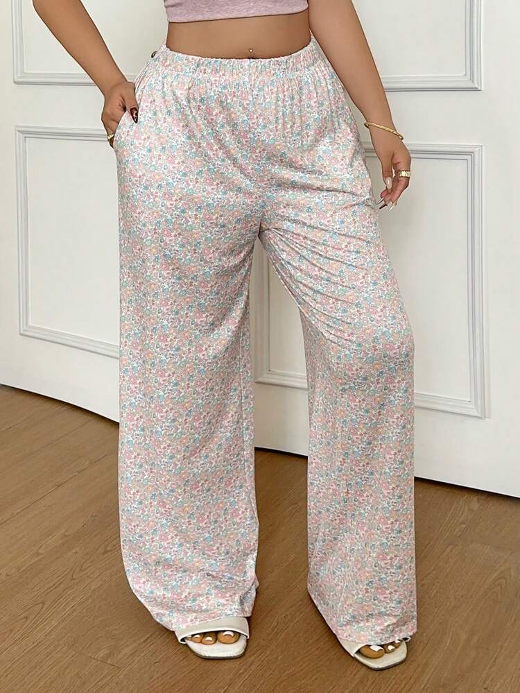 Dazy Plus Plus Size Women's Loose Ditsy Floral Drawstring Waist Straight Leg Casual Pajama Bottoms, Spring/Summer