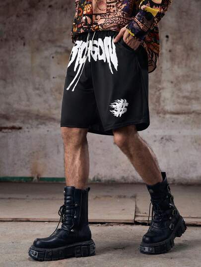 Skyrend 男士青春街头风INS高街创意字母印花黑色短裤，送给男朋友或老公的礼物，图案