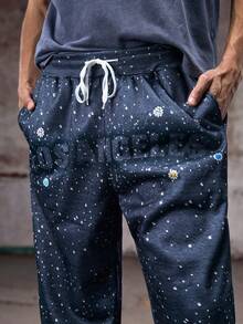 Skyrend 男式字母与火焰印花抽绳腰袋阔腿宽松运动裤，Emo，2000 年代风格 - 彩色 - 查看 7