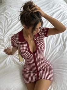Joudiya Đầm dệt kim tay ngắn kẻ caro dáng suông dành cho nữ. - Đỏ - Xem 5