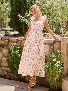 KARISMINA 女士休闲优雅浪漫度假沙滩方领印花弹力腰连衣裙，粉色连衣裙 - 粉色 - 查看 11