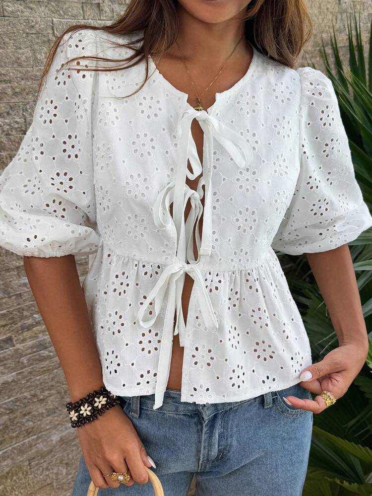 Loose Casual Vacation Style White Bow Tie Blouse For Women, Spring & Summer Boho