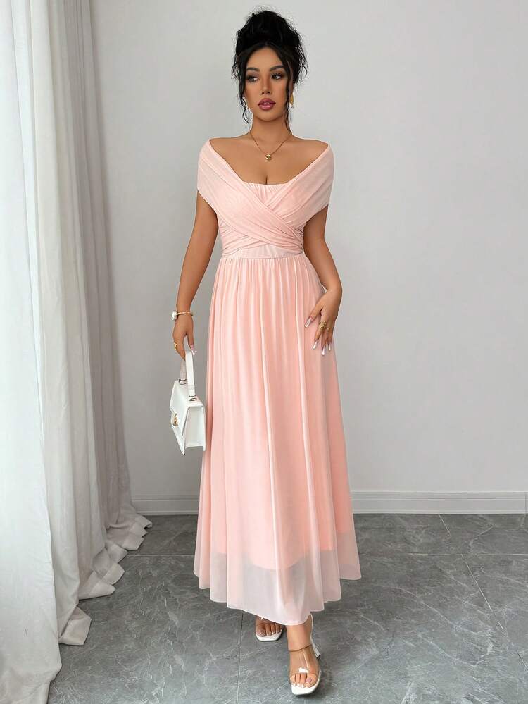 SHEIN Raffinéa Elegant & Fashionable Convertible Party Dress, Strapless, One-Shoulder, Shawl Collar, Long Dress For Women, Pink Zanea Dress For Woman Prom Dresses For Women Bridesmaid Gown For Wedding Online Bridesmaid Dress Stores Reception Dress For Women Maxi Dress Elegant Dress Wrap Dress Summer Dresses For Women - Dusty Pink - View 6