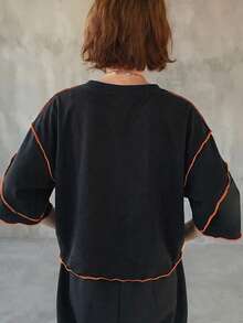 FRIFUL Women's Solid Color Round Neck Dark Grey Lockstitch Loose Casual Versatile T-Shirt - Black - View 2
