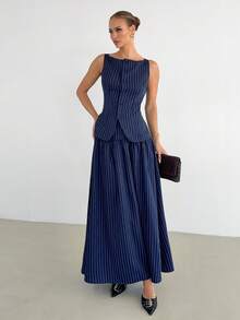 Siren Gaze 女士条纹休闲通勤百搭半身裙 - 藏蓝色 - 查看 4