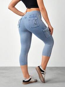Flexra 3/4 Length Denim Cargo Pocket Skinny Jeggings Everyday Light Blue Summer Casual - Blue - View 8