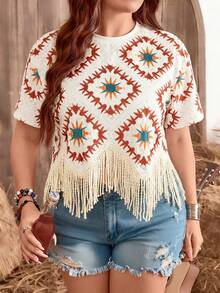 SHEIN LUNE Áo thun ngắn tay cổ tròn thiết kế tua rua cỡ lớn dành cho nữ, kiểu dáng thường ngày đa năng, thích hợp mặc hàng ngày, quà tặng Ngày của Mẹ, trang phục Boho cho nữ, quần áo Boho Chic cho nữ, áo kiểu cao bồi cho nữ, bộ trang phục cao bồi cho nữ. - Nhiều màu - Xem 4