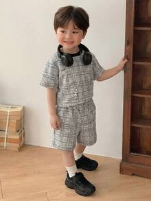 DAZY 2pcs Baby Boy Korean Style Plaid Short Sleeve Casual T-Shirt And Shorts Set Summer - Apricot - View 1