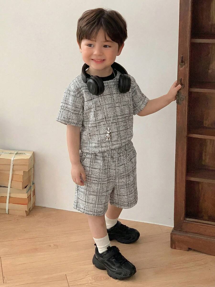 DAZY 2pcs Baby Boy Korean Style Plaid Short Sleeve Casual T-Shirt And Shorts Set Summer - Apricot - View 1