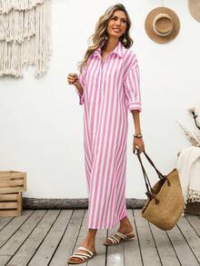 Breezaya 女士优雅休闲波西米亚简约翻领落肩宽松长款条纹休闲衬衫裙，夏季 - 淺粉色 - 查看 5