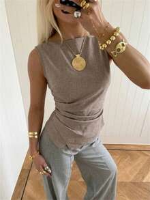 Aloruh Women's Elegant Casual Khaki Summer Sleeveless Cinched Waist Ruched Fitted Blouse,Office Work Outfits, Tops,Vest Tops,Working Clothes,Summer Top - Khaki - View 2