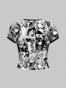 ROMWE Áo thun ngắn tay in hình hoạt hình dễ thương, phong cách cổ điển, retro, hình cô gái anime dành cho nữ. - màu đen - Xem 2