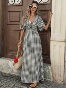 Pariaura 法式优雅梭织短袖深V领收腰蓝白格纹女式连衣裙 - 黑色 - 查看 3