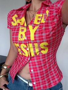 POPSWAY Áo sơ mi ngắn tay kẻ caro đỏ kiểu retro dành cho nữ cỡ lớn, áo kiểu ôm dáng in chữ mùa hè. - Đỏ - Xem 6