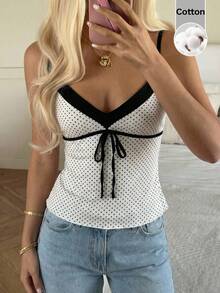 CovetEZ 女士夏季甜美迷人100%纯棉撞色波点印花V领系带吊带背心，可爱上衣，夏季女士可爱上衣 - 黑與白 - 查看 5