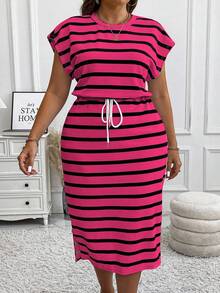 Vionelle Gaun Kasual Panjang Selutut Model Bodycon Lengan Puff Leher Bulat Rajut Bergaris Ukuran Plus, Belahan Samping dengan Tali Serut, Musim Gugur/Musim Dingin, Pakaian Maxi Wanita untuk Hari Thanksgiving - Hot Pink - View 4