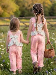 Emery Rose Kids Emery Rose Kids 2件套少女格子圆领休闲背心和裤子套装 - 粉色 - 查看 4