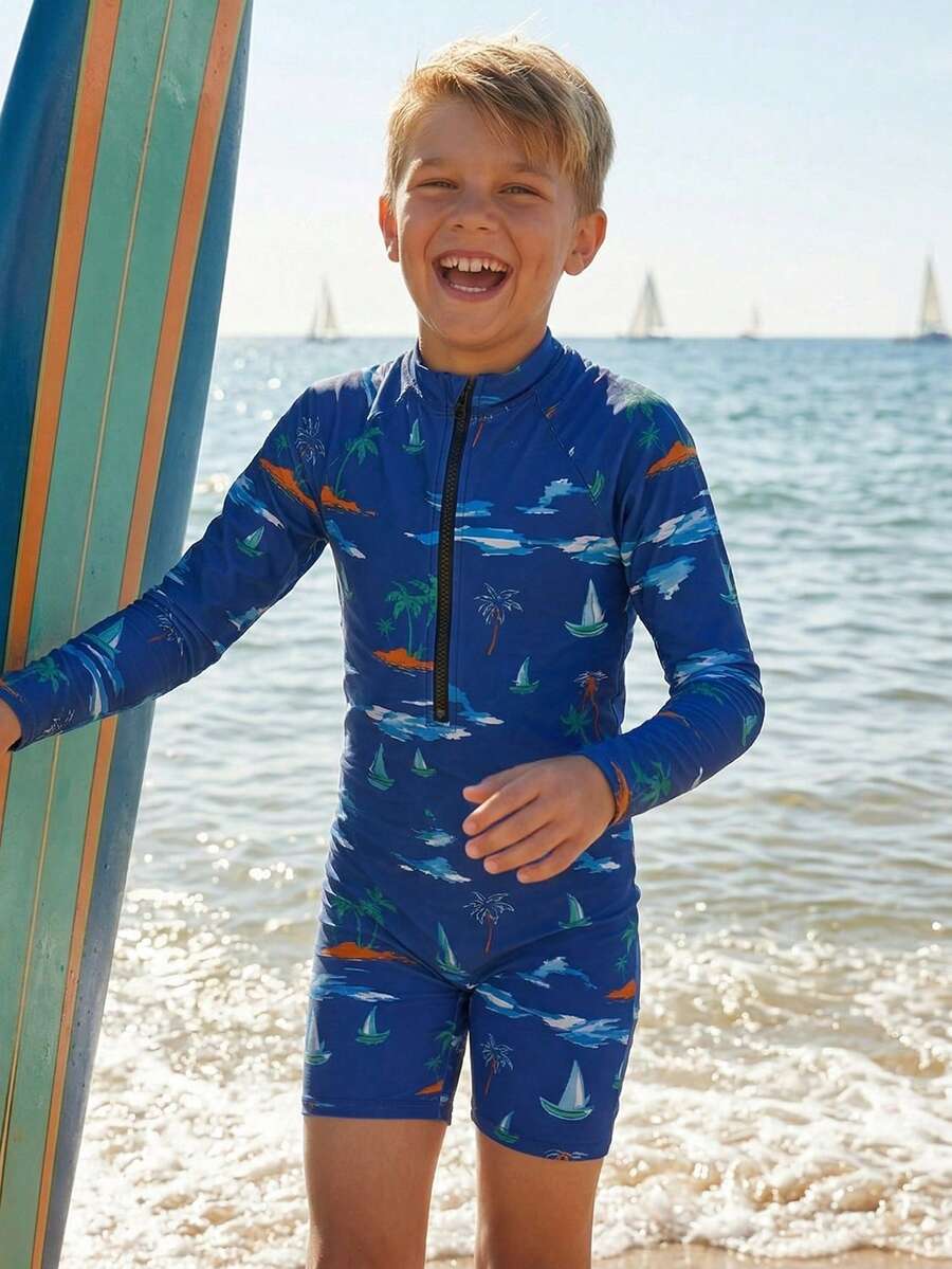 SHEIN Cậu bé Tween Thời gian rảnh rỗi Giường đôi In Áo liền quần chặt Dệt kim Đồ bơi - Nhiều màu - Xem 1