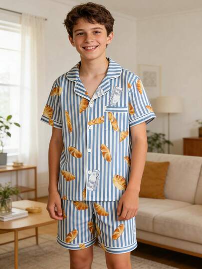 男童休闲鲨鱼印花短袖短裤睡衣套装（2件套），宽松舒适夏季睡衣