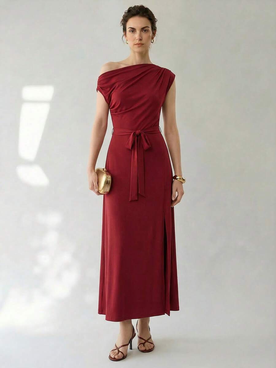 Uhlyne Uhlyne Women's Elegant High-Quality Burgundy Luxurious Chic Asymmetrical Shoulder Slit Fitted Slim Long Formal Dress For Party And Date - Burgundy - View 1