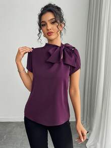 SHEIN Tall Women's Dark Purple Bow-Tie Blouse,Stand-Up Collar,Short-Sleeved Satin Chiffon,Summer Elegant Office Sophisticated Versatile Casual Wear, Tall Women - Purple - View 6