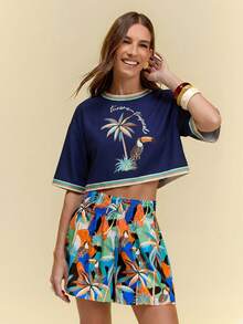 CAJUNI Áo thun nữ dáng ngắn in chữ hình cây cọ, thích hợp cho kỳ nghỉ. - Xanh đậm - Xem 4