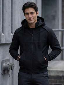 Chamarra Bomber Interior Afelpado Bolsas y Gorro Desmontable - Negro - Ver 1