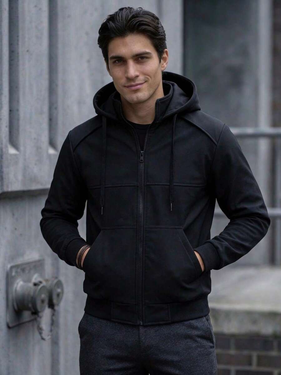 Chamarra Bomber Interior Afelpado Bolsas y Gorro Desmontable - Negro - Ver 1