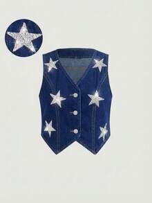 SHEIN Girlism Áo gile denim không tay phong cách thường ngày cho bé gái tuổi teen, trang trí sequin họa tiết sao, mặc mùa xuân hè đi biển nghỉ dưỡng - Rửa tối - Xem 1