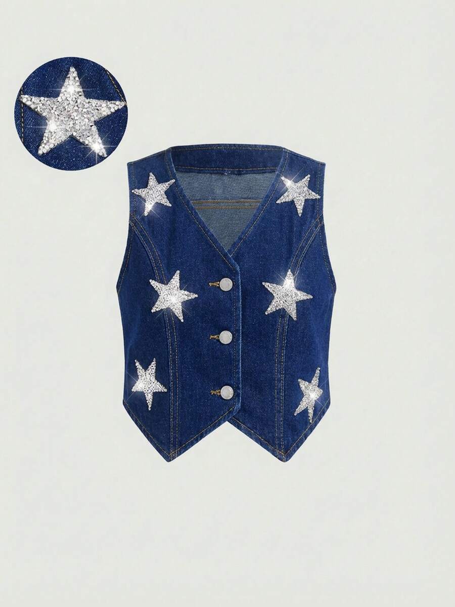 SHEIN Girlism Áo gile denim không tay phong cách thường ngày cho bé gái tuổi teen, trang trí sequin họa tiết sao, mặc mùa xuân hè đi biển nghỉ dưỡng - Rửa tối - Xem 1