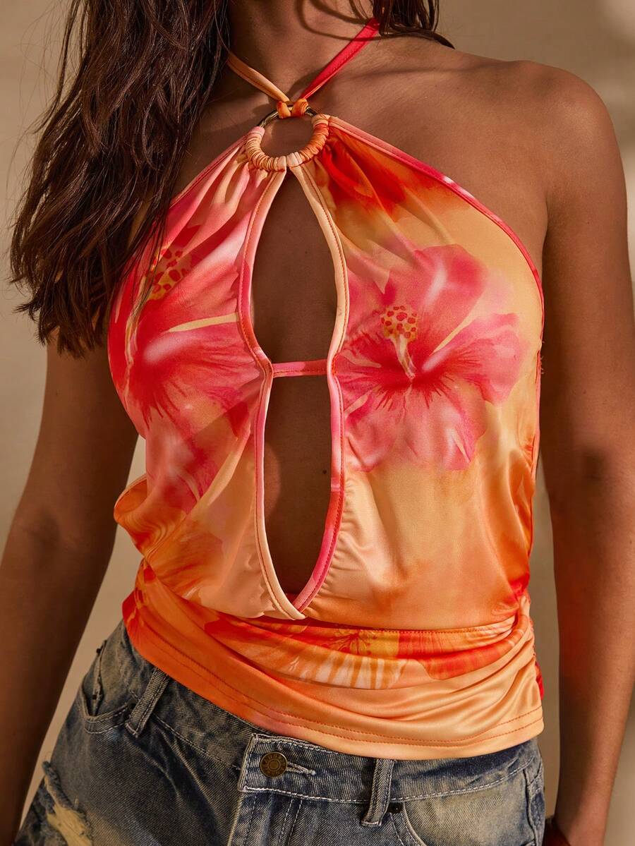 SHEIN Glamour Áo croptop cổ yếm khoét sâu gợi cảm, áo len dệt kim ôm sát hở lưng in họa tiết. - Nhiều màu - Xem 1