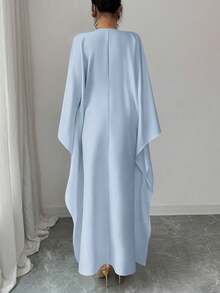 SHEIN Elenzya 金色滚边装饰优雅收腰修身舒适中长连衣裙，女士款 - 藍色 - 查看 2