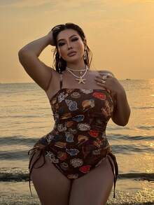 SHEIN Swim 2026 New Spring/Summer Plus Size Women's Popular Retro Printed Drawstring Slimming Sexy Beach Party One-Piece Swimsuit - Multicolor - View 7