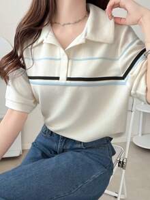 FRIFUL 女款寬鬆版型拼色半拉鍊 Polo 領 T 恤，藍白條紋，適合夏季早午餐、辦公室、學校，休閒學院風 - 杏色 - 查看 5