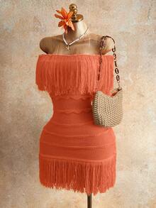 Mistrie Đầm len nữ, trễ vai, họa tiết sọc lượn sóng ba chiều, tua rua, ngắn, màu vàng, dáng ôm, gợi cảm, thích hợp cho kỳ nghỉ, tiệc tùng thường ngày, thời trang nữ, mùa xuân/thu, hè, đông. - Màu Cam cháy - Xem 6