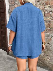 Breezaya Plus Size Women's Elegant Commuter Short Sleeve Kimono Shirt And Shorts 2 Pieces Set - Blue - View 2