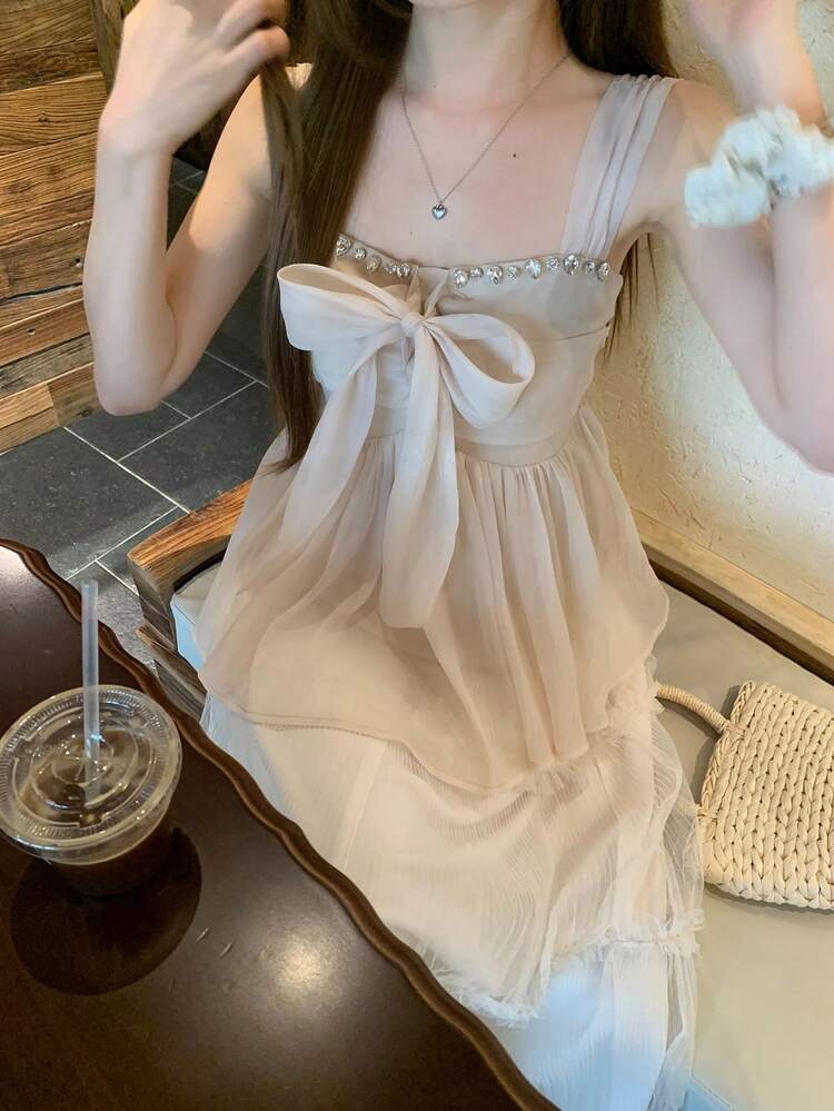 Women's Loose Korean Style Bowknot Rhinestone Embellished Camisole