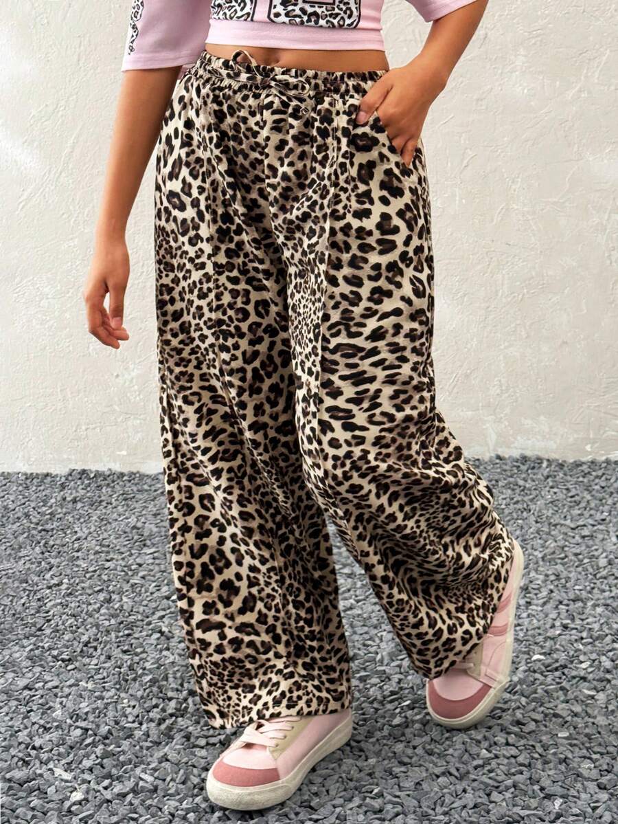 少女夏季高腰豹纹基础休闲迈阿密风裤子 动物纹裤子 - 咖啡棕 - 查看 1