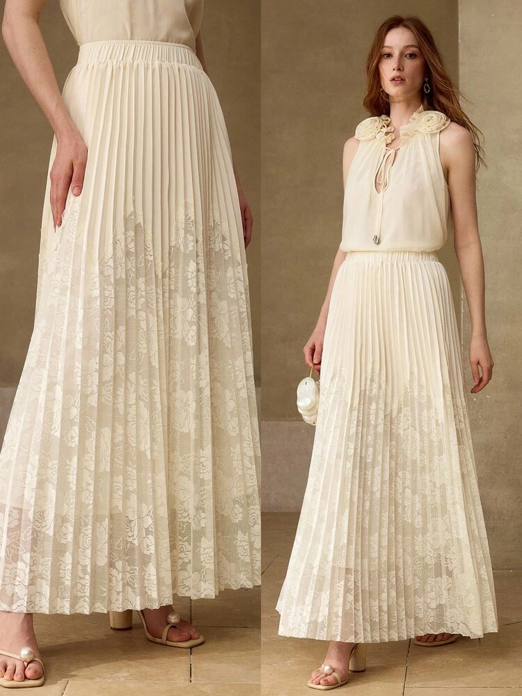 WOMEN'S CONTRAST LACE ELASTIC WAIST PLEATED DRESS