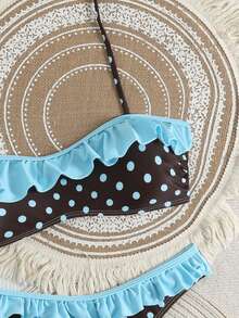 Swim Mod Bộ bikini gồm áo hai dây buộc cổ họa tiết chấm bi ngẫu nhiên, viền bèo nhún và áo tắm bikini. - Nhiều màu - Xem 7