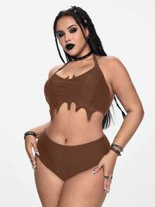 ROMWE Goth Conjunto de bikini de talla grande para mujer con diseño de murciélago gótico, tirantes ajustables, unicolor, espalda descubierta y nudo delantero, para el verano - Marrón - Ver 5