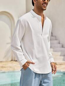 Mercer Haus Men's Vintage Coin Pattern Solid Color Roll-Up Sleeve Mandarin Collar Henley Shirt - Lightweight Breathable, Versatile Casual Style For All Seasons - White - View 6