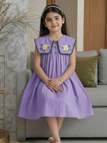 SHEIN Tween Girls/Tween Girl Girls Pastoral Floral Embroidered Pattern Ruffle Collar Puff Sleeve Dress,Versatile Round Neck Trim Contrast Color - Purple - View 3